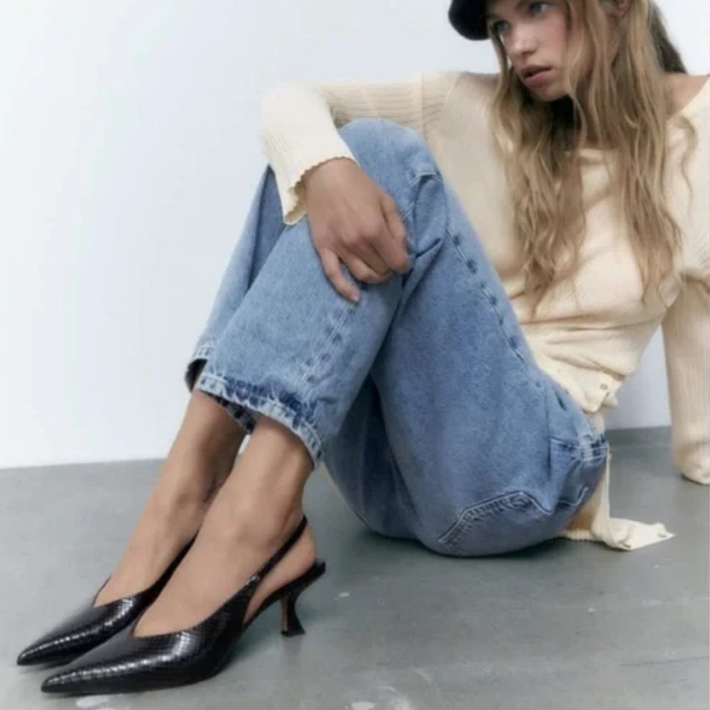 ZARA LEATHER ANIMAL TEXTURED SLINGBACK HEELS Sz 7.5